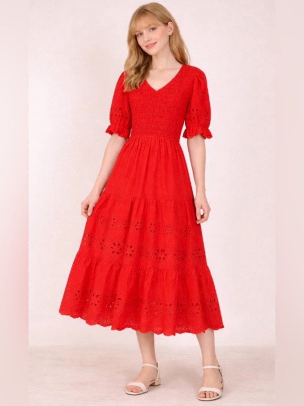 210. Red Eyelet Tiered Midi Dress